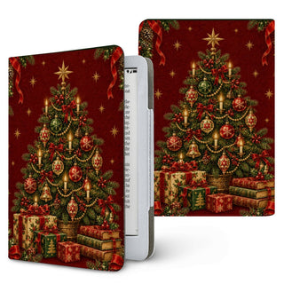 Vintage Tree & Books Kindle case — decorated vintage Christmas tree with presents and a stack of books, printed front and back