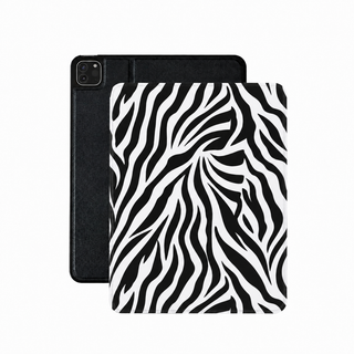 Zebra Stripe iPad case in black and white vegan Saffiano leather — bold brushstroke animal print folio