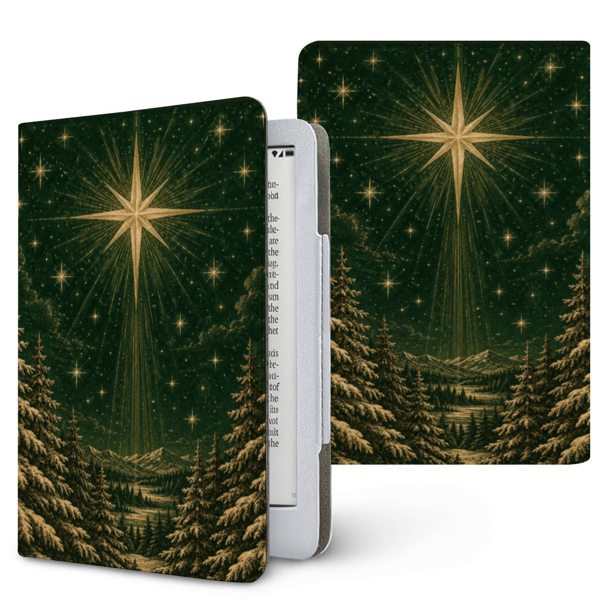 Christmas Star Kindle case, printed front and back — gold star over snowy pines on deep evergreen