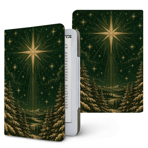 Christmas Star Kindle case, printed front and back — gold star over snowy pines on deep evergreen