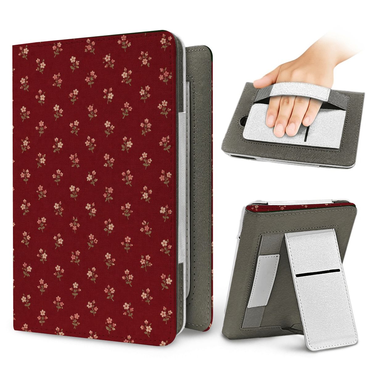 Burgundy Ditsy Floral Kindle case — elastic hand strap and fold-out stand on the back