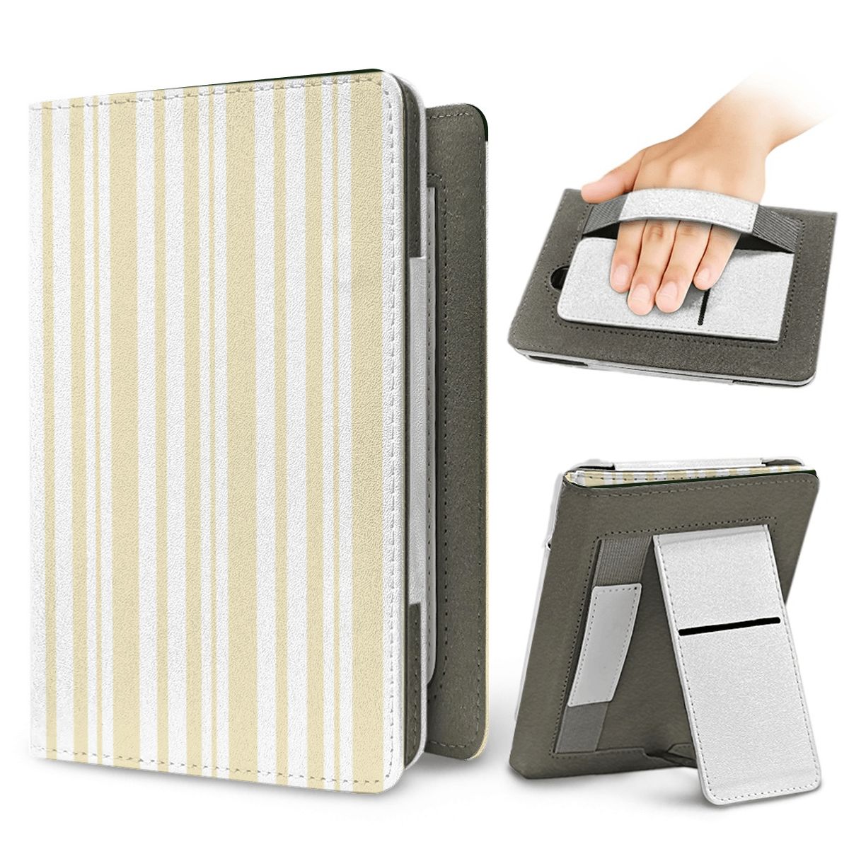 Butter Ticking Stripe Kindle case — elastic hand strap and fold-out stand on the back