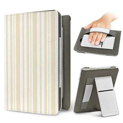 Butter Ticking Stripe Kindle case — elastic hand strap and fold-out stand on the back