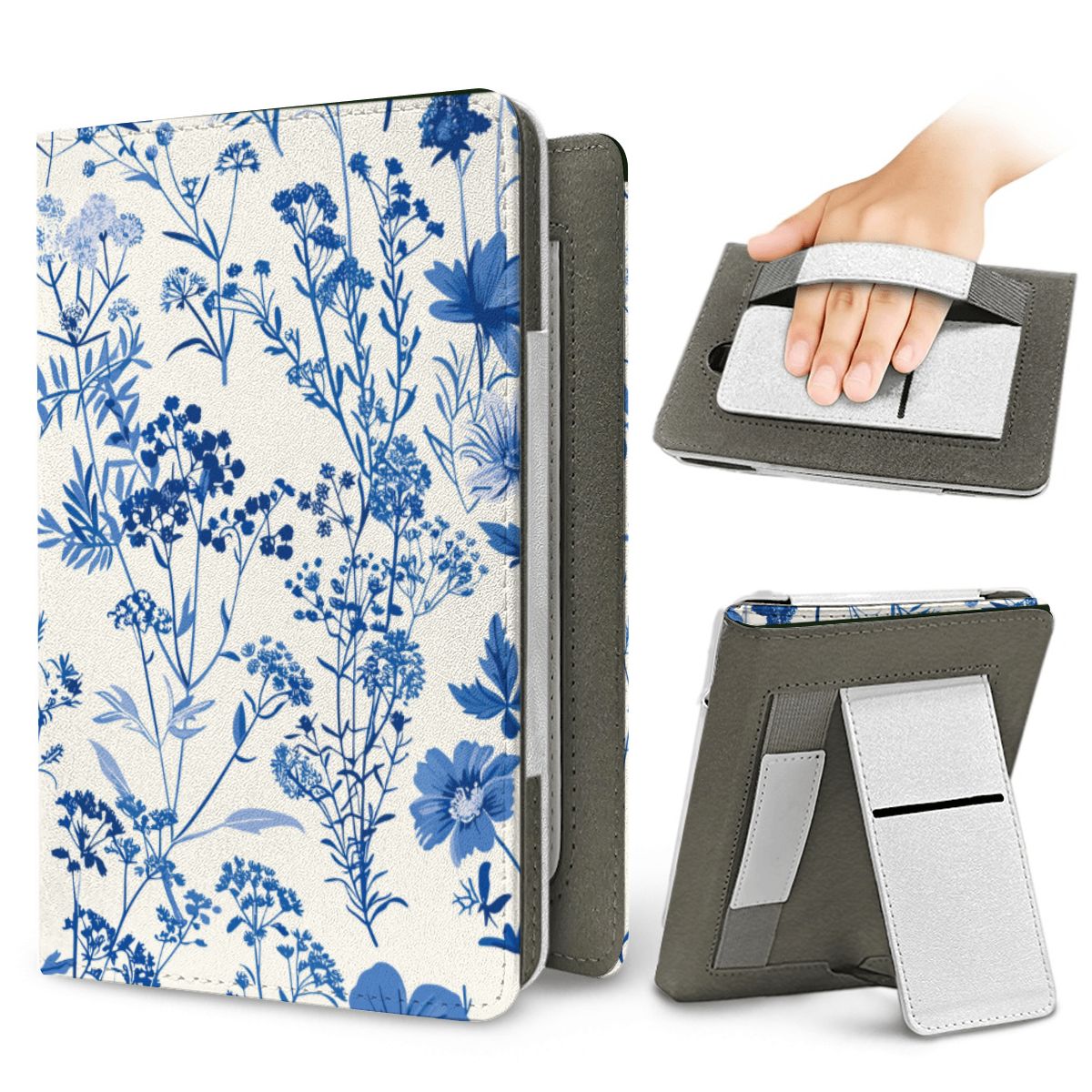 Blue Wildflower Kindle case — elastic hand strap and fold-out stand on the back