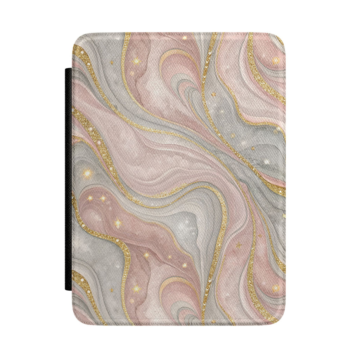 Rose quartz marble Kindle case — blush and grey vegan leather with gold glitter veins