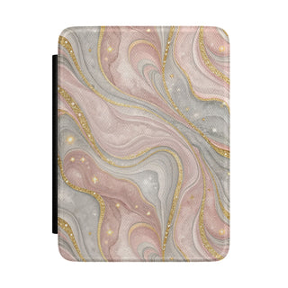 Rose quartz marble Kindle case — blush and grey vegan leather with gold glitter veins