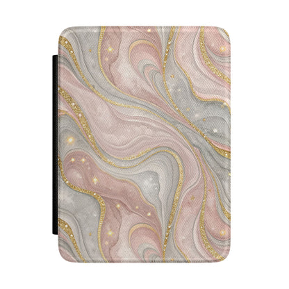 Rose quartz marble Kindle case — blush and grey vegan leather with gold glitter veins