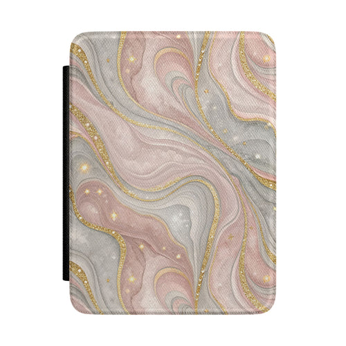 Rose quartz marble Kindle case — blush and grey vegan leather with gold glitter veins