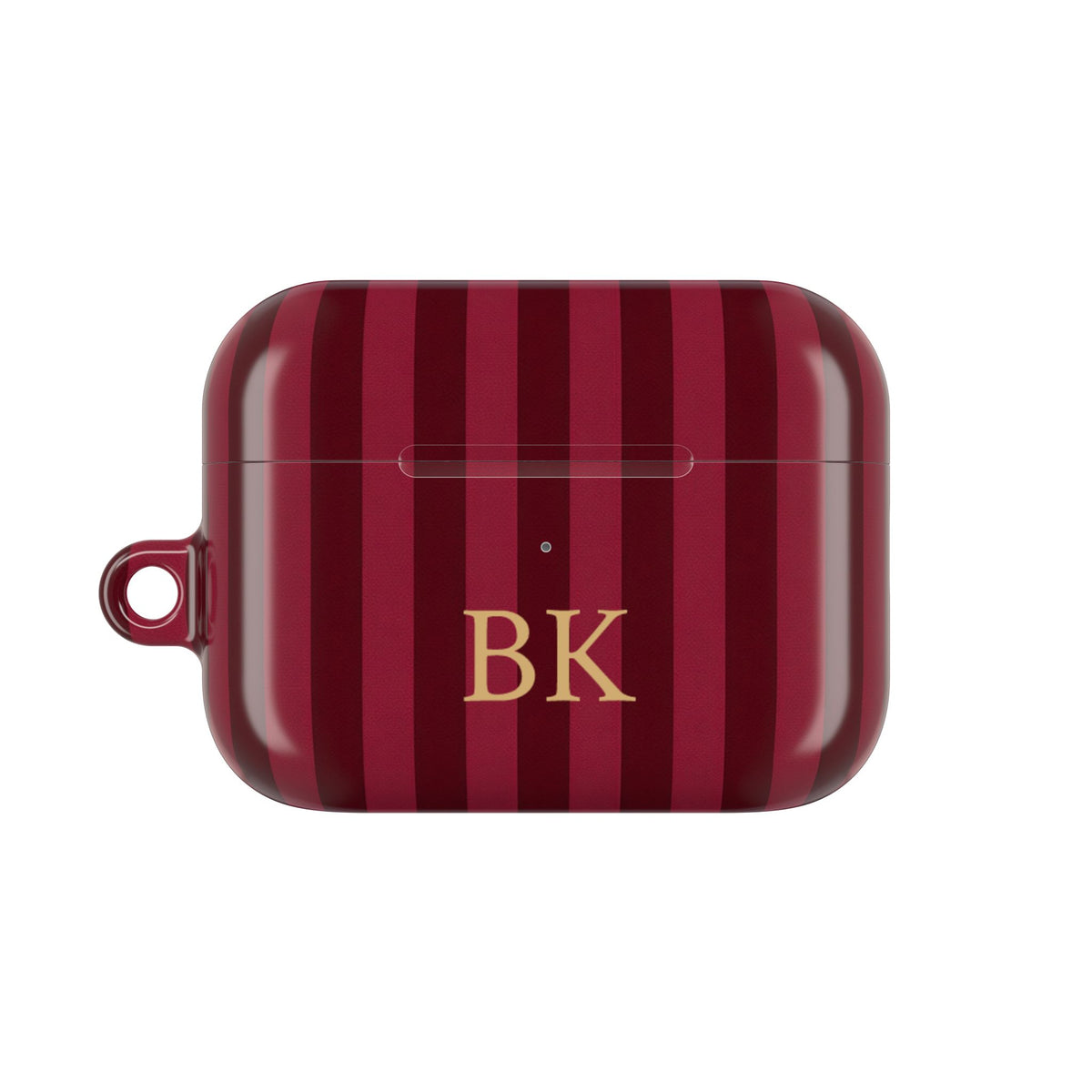 Burgundy stripe AirPods Pro case personalized with gold initials — front view
