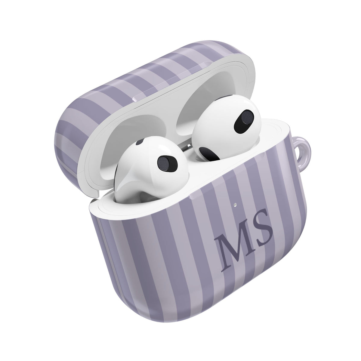 Lilac stripe AirPods case open — AirPods inside, initials on the front
