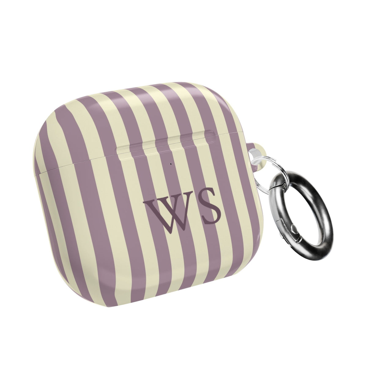 Mauve Stripe monogram AirPods case with carabiner — custom initials gift