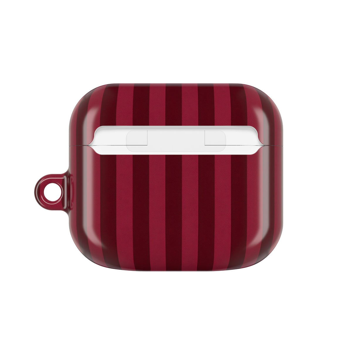 Burgundy Stripe AirPods case — back view of the compact case shape