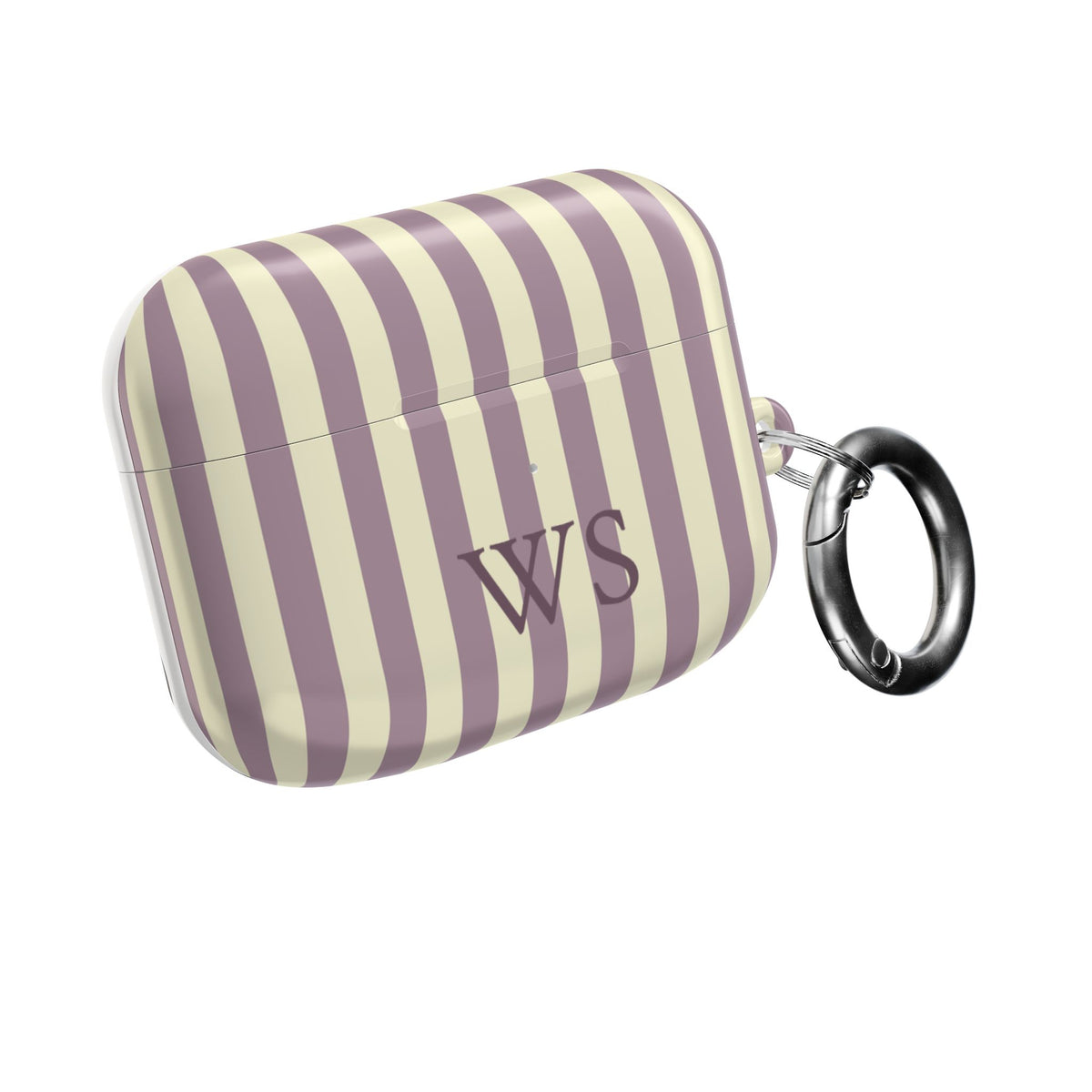 Mauve Stripe monogram AirPods case with carabiner clip — personalized gift