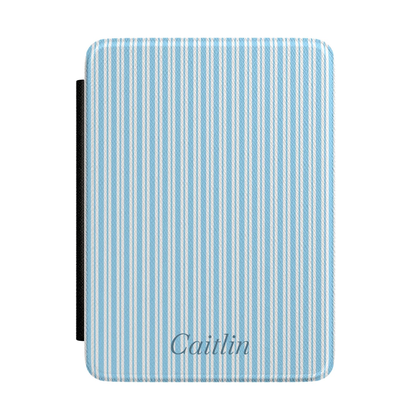 Personalized blue ticking stripe Kindle case with debossed name — Quiet Bookish custom gift for her