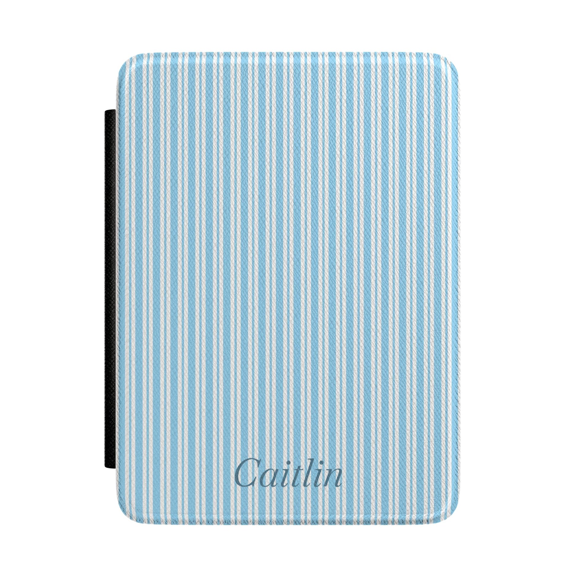 Personalized blue ticking stripe Kindle case with debossed name — Quiet Bookish custom gift for her