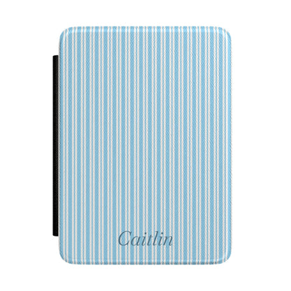 Personalized blue ticking stripe Kindle case with debossed name — Quiet Bookish custom gift for her