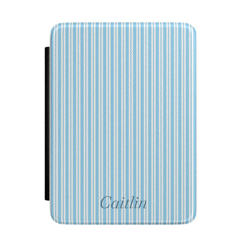 Personalized blue ticking stripe Kindle case with debossed name — Quiet Bookish custom gift for her