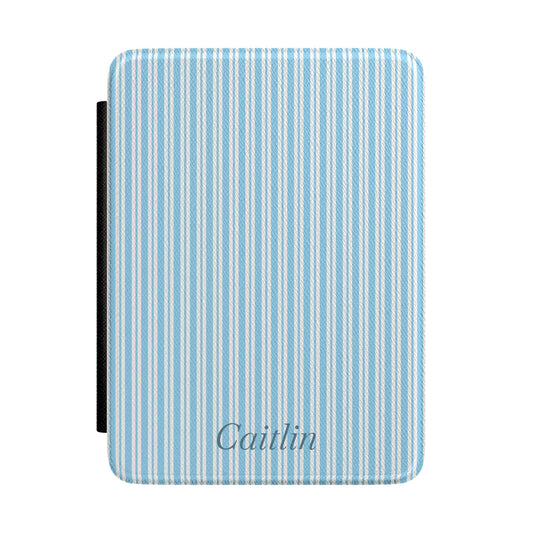 Personalized blue ticking stripe Kindle case with debossed name — Quiet Bookish custom gift for her