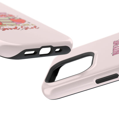 Sticker collage phone case held in one hand