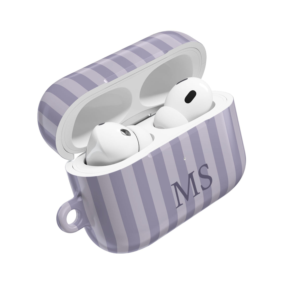 Lilac stripe AirPods Pro case open — initials on the front