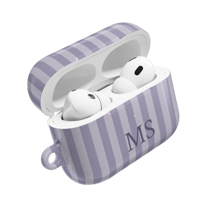 Lilac stripe AirPods Pro case open — initials on the front