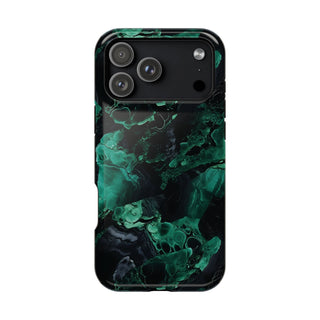 Malachite MagSafe iPhone case — emerald and jade stone rings on a black ground