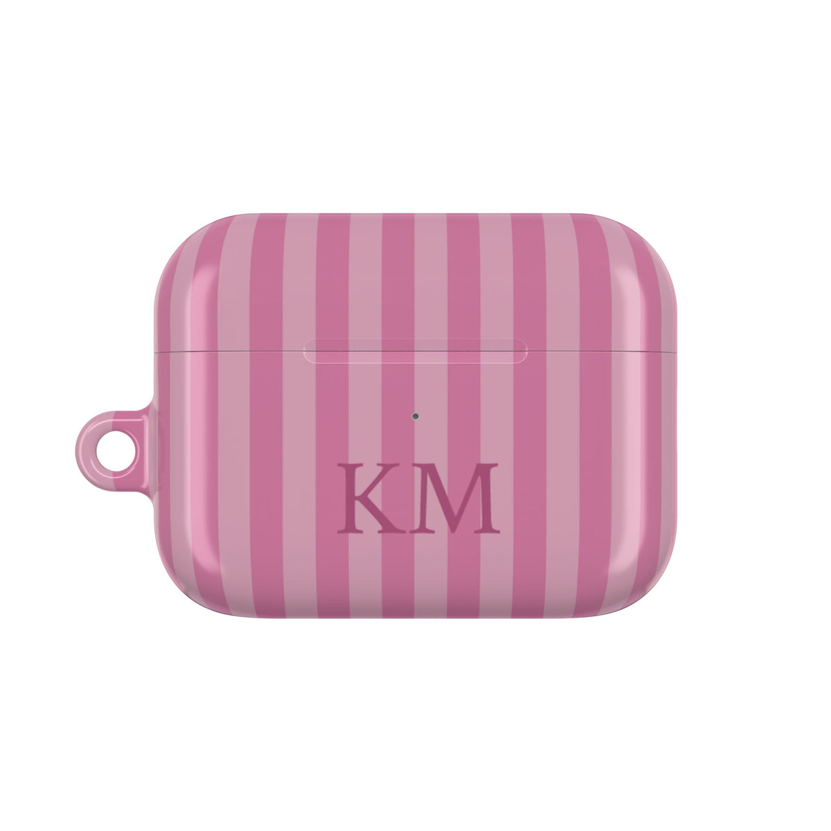 Pink stripe AirPods Pro case personalized with initials — front view