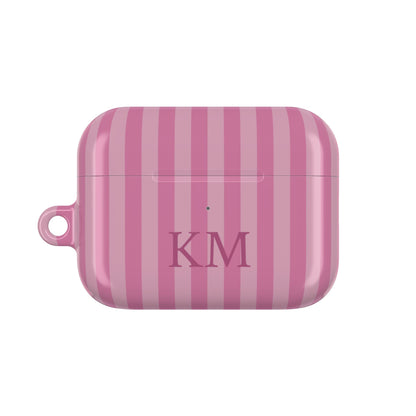 Pink stripe AirPods Pro case personalized with initials — front view