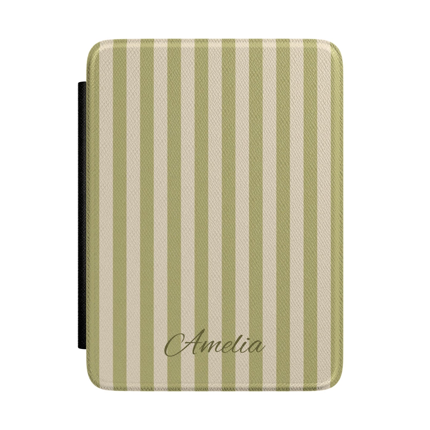 Personalized olive stripe Kindle case with debossed name — Quiet Bookish custom gift for her