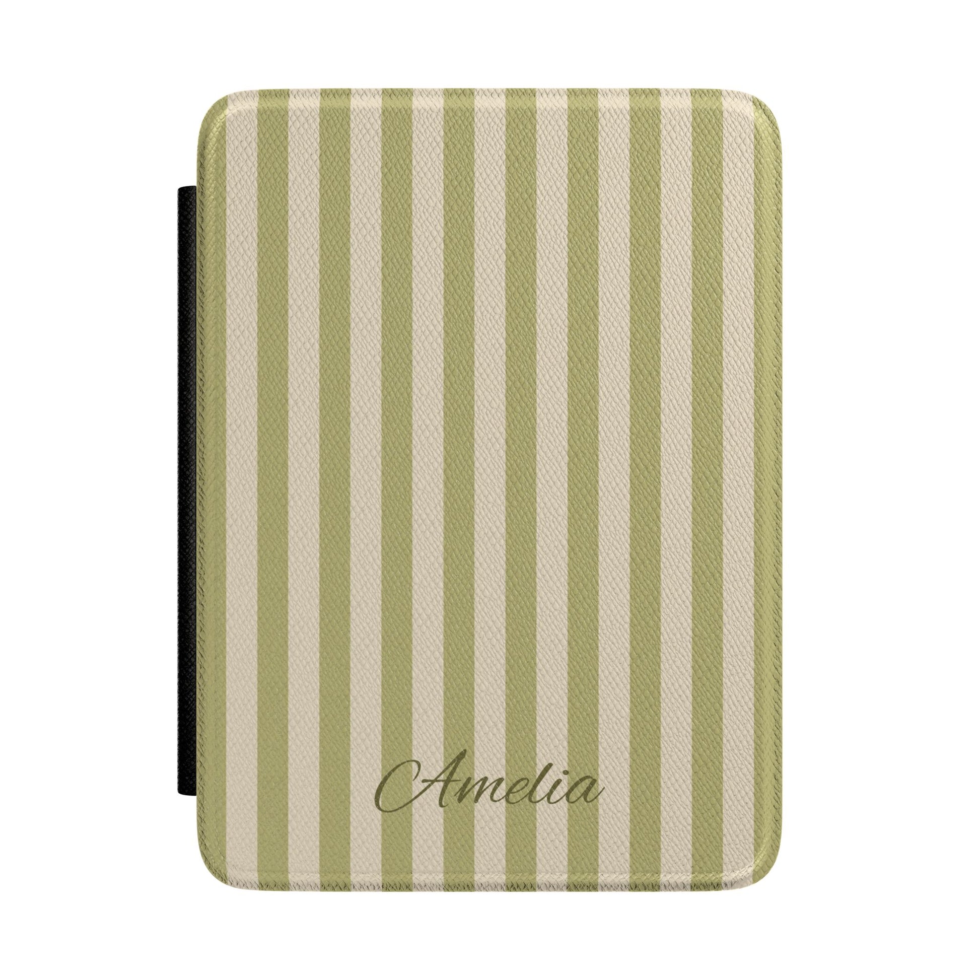 Personalized olive stripe Kindle case with debossed name — Quiet Bookish custom gift for her