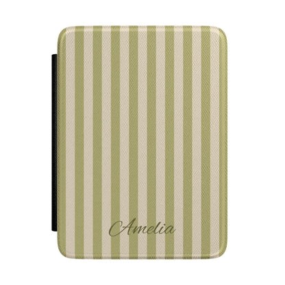 Personalized olive stripe Kindle case with debossed name — Quiet Bookish custom gift for her