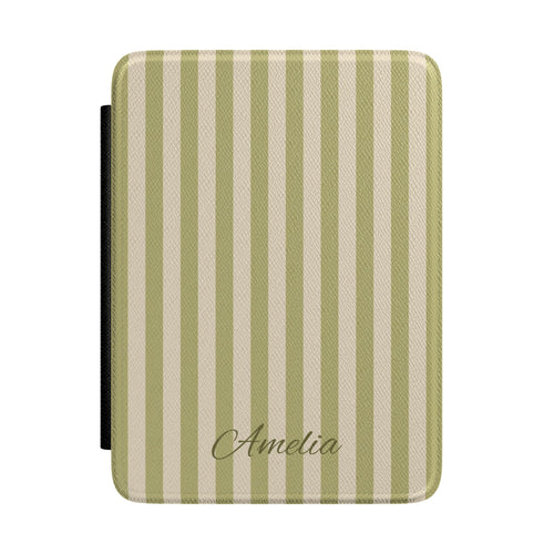 Personalized olive stripe Kindle case with debossed name — Quiet Bookish custom gift for her