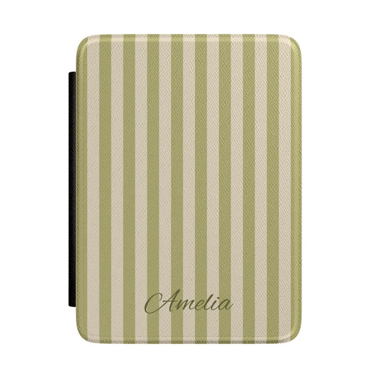 Personalized olive stripe Kindle case with debossed name — Quiet Bookish custom gift for her