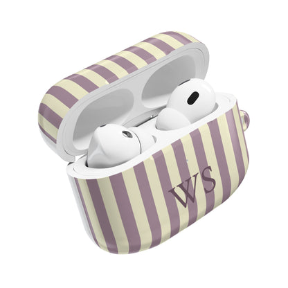 Mauve Stripe monogram AirPods case open with AirPods inside — glossy polycarbonate