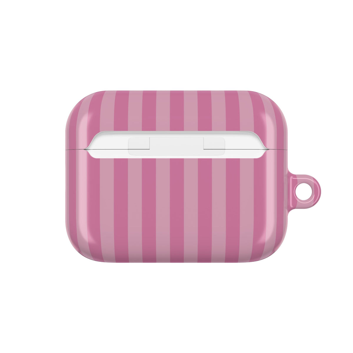 Pink stripe AirPods case back — stripes wrap the lid and side walls