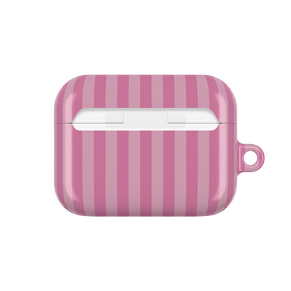 Pink stripe AirPods case back — stripes wrap the lid and side walls