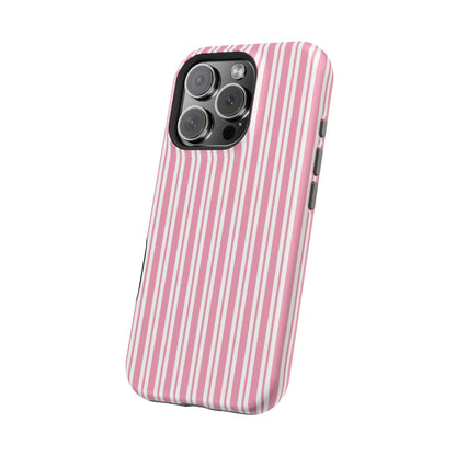 Fine pinstripe detail on a pink and white phone case