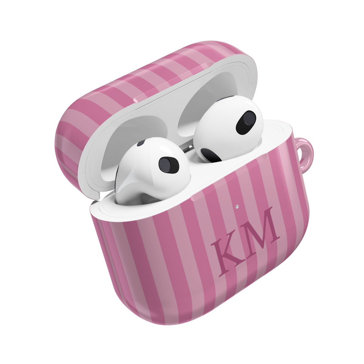 Pink stripe AirPods case open — AirPods inside, initials on the front