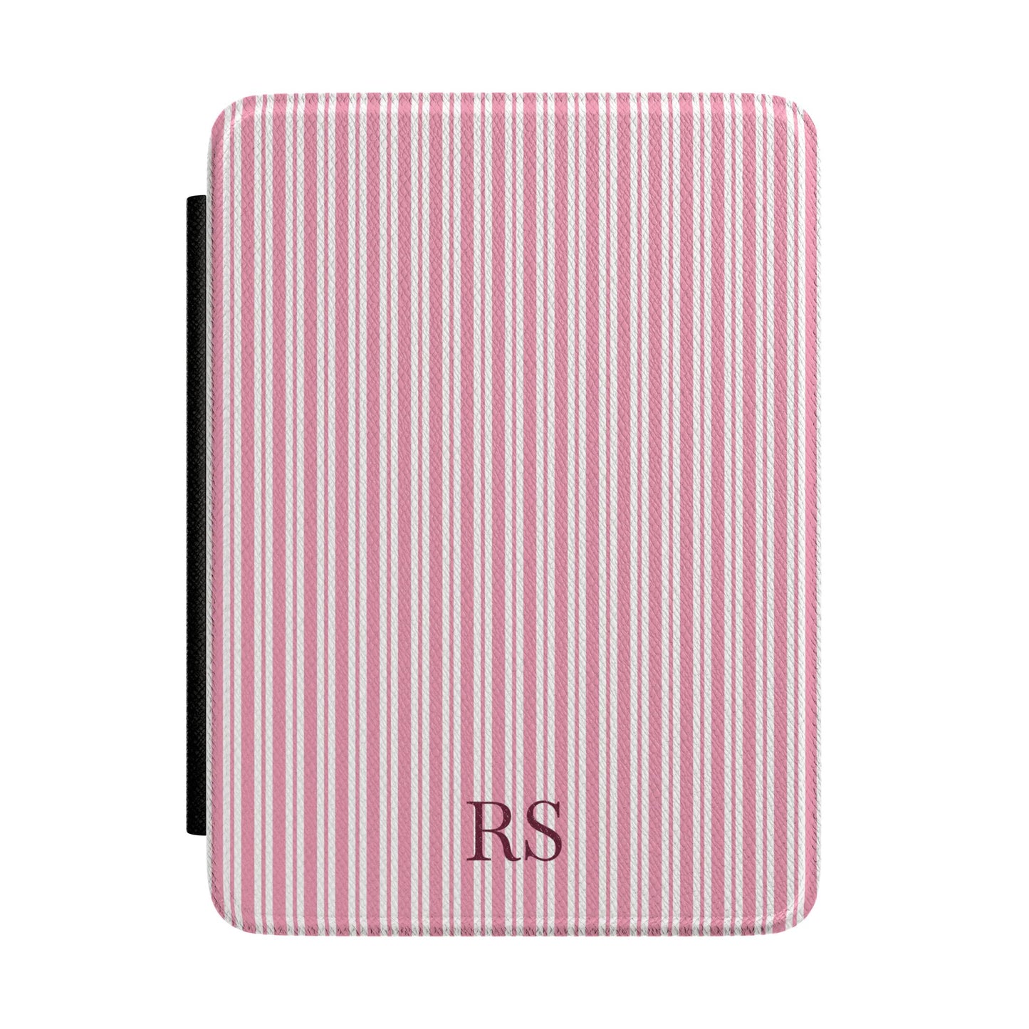 Personalized pink ticking stripe Kindle case with debossed initials — Quiet Bookish custom gift for her