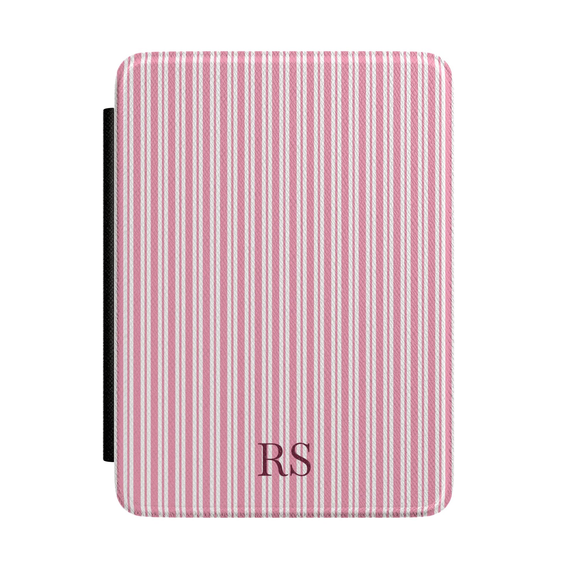 Personalized pink ticking stripe Kindle case with debossed initials — Quiet Bookish custom gift for her