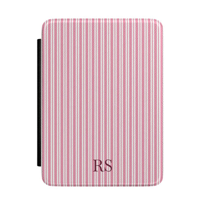 Personalized pink ticking stripe Kindle case with debossed initials — Quiet Bookish custom gift for her