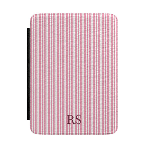 Personalized pink ticking stripe Kindle case with debossed initials — Quiet Bookish custom gift for her