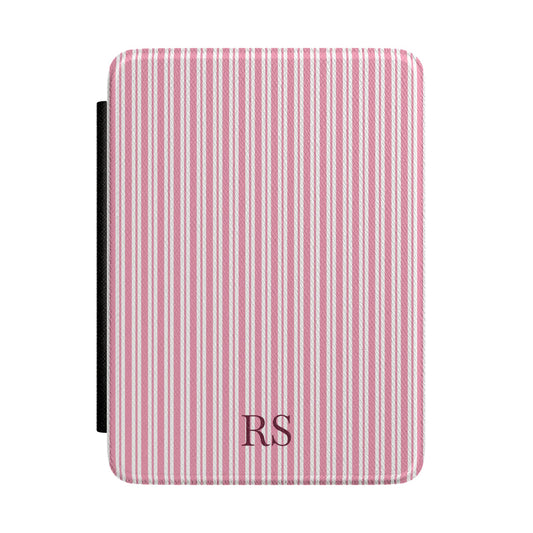 Personalized pink ticking stripe Kindle case with debossed initials — Quiet Bookish custom gift for her