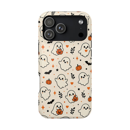 Cute ghost MagSafe iPhone case — cream print with rosy-cheeked ghosts, pumpkins and bats