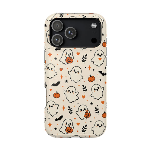 Cute ghost MagSafe iPhone case — cream print with rosy-cheeked ghosts, pumpkins and bats