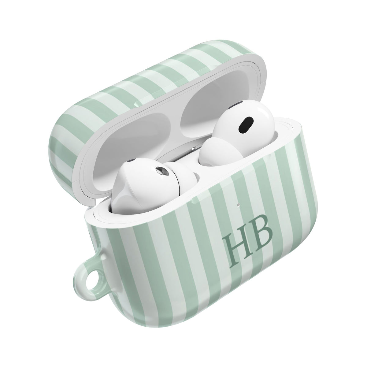Sage green stripe AirPods Pro case open — initials on the front