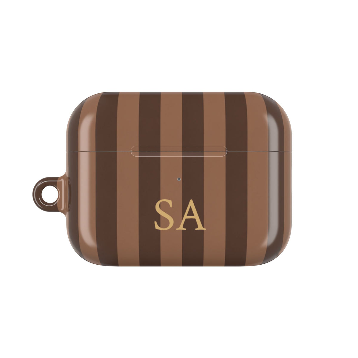 Brown stripe AirPods Pro case personalized with gold initials — front view