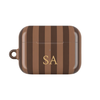 Brown stripe AirPods Pro case personalized with gold initials — front view