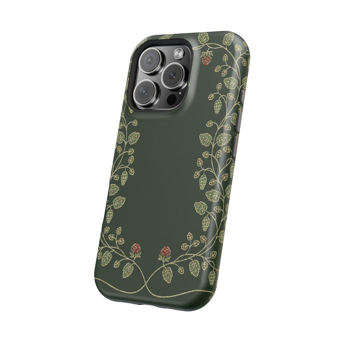Pale green leaf detail on a forest green phone case