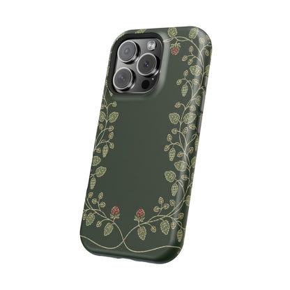 Pale green leaf detail on a forest green phone case